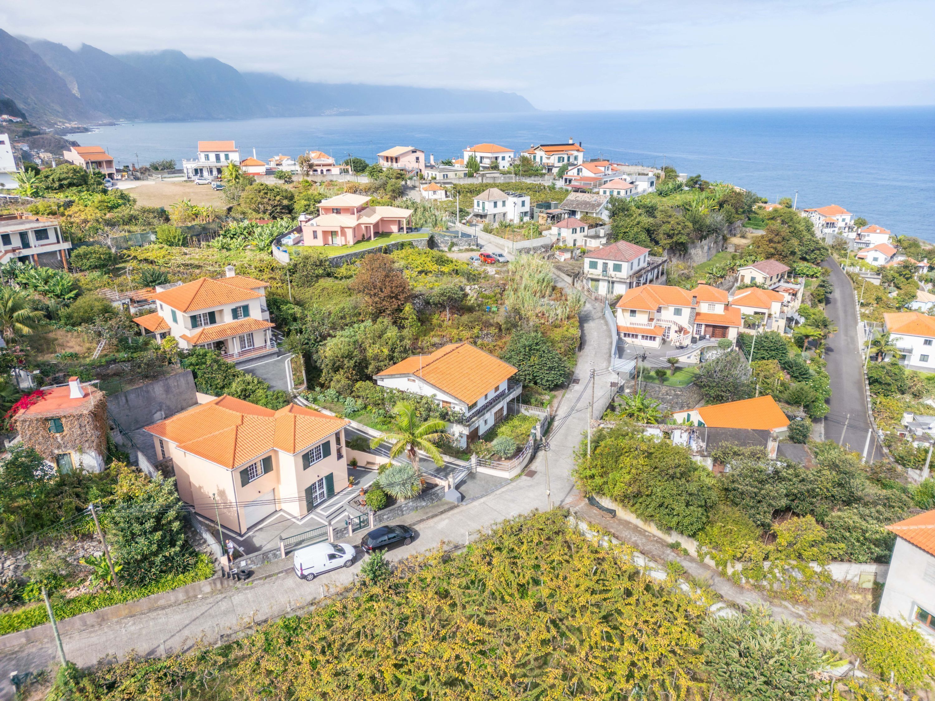 Zona residencial costera con casas de tejados rojos, rodeada de abundante vegetación y vista al mar.