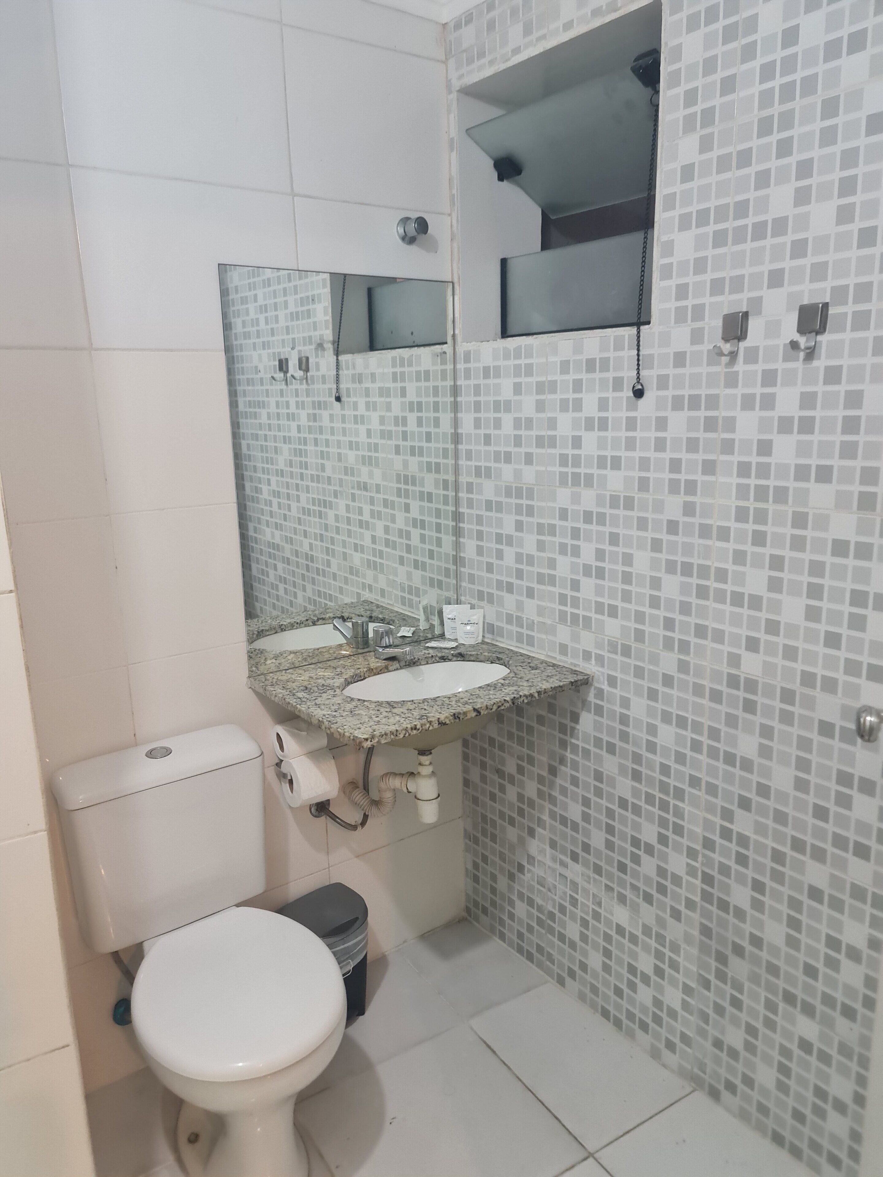 A bathroom with a toilet, sink, and mirror.