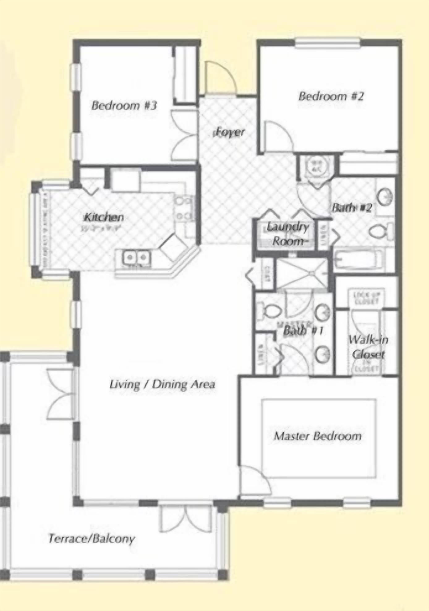 Plano de planta de una habitación de hotel que incluye un dormitorio principal, dos dormitorios, una cocina, un lavadero, dos baños, una sala de estar/comedor y una terraza/balcón.