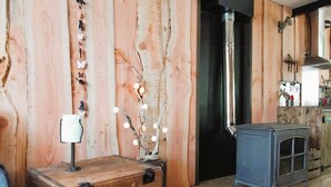 Un interior rústico con pared de madera, un baúl antiguo, una rama decorativa con luces y un armario azul.