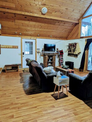 Smart TV, fireplace, books