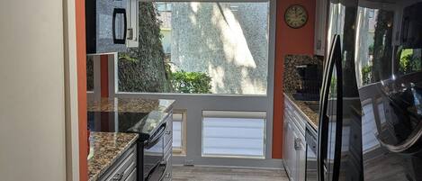 Una cocina moderna con encimeras de granito, electrodomésticos de acero inoxidable y un amplio ventanal con vistas a un jardín.