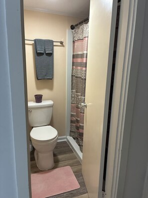 Ein Badezimmer mit Toilette, einem Handtuchhalter mit zwei Handtüchern, einer Duschvorhang und einer rosa Fußmatte.