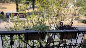 Varanda com vasos de plantas e vista para um parque com árvores e uma cerca.