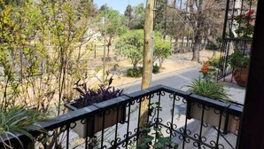 Vista de uma varanda com guarda-corrimão de metal, com vista para uma estrada com vegetação rala e algumas árvores.