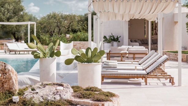 Ein Poolbereich mit Liegestühlen, einer Pergola und Kakteen in Töpfen.