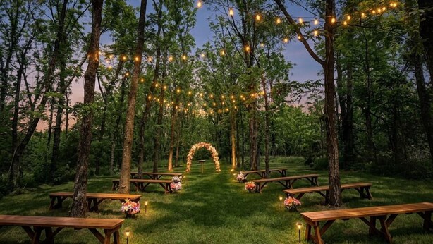 An outdoor venue with picnic tables, a floral archway, and string lights.