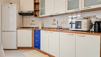 Fridge, microwave, stovetop, coffee/tea maker