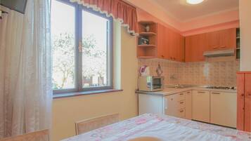 Fridge, microwave, stovetop, coffee/tea maker