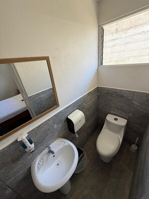 Deluxe tweepersoonskamer | Badkamer | Een douche, een haardroger, handdoeken, zeep