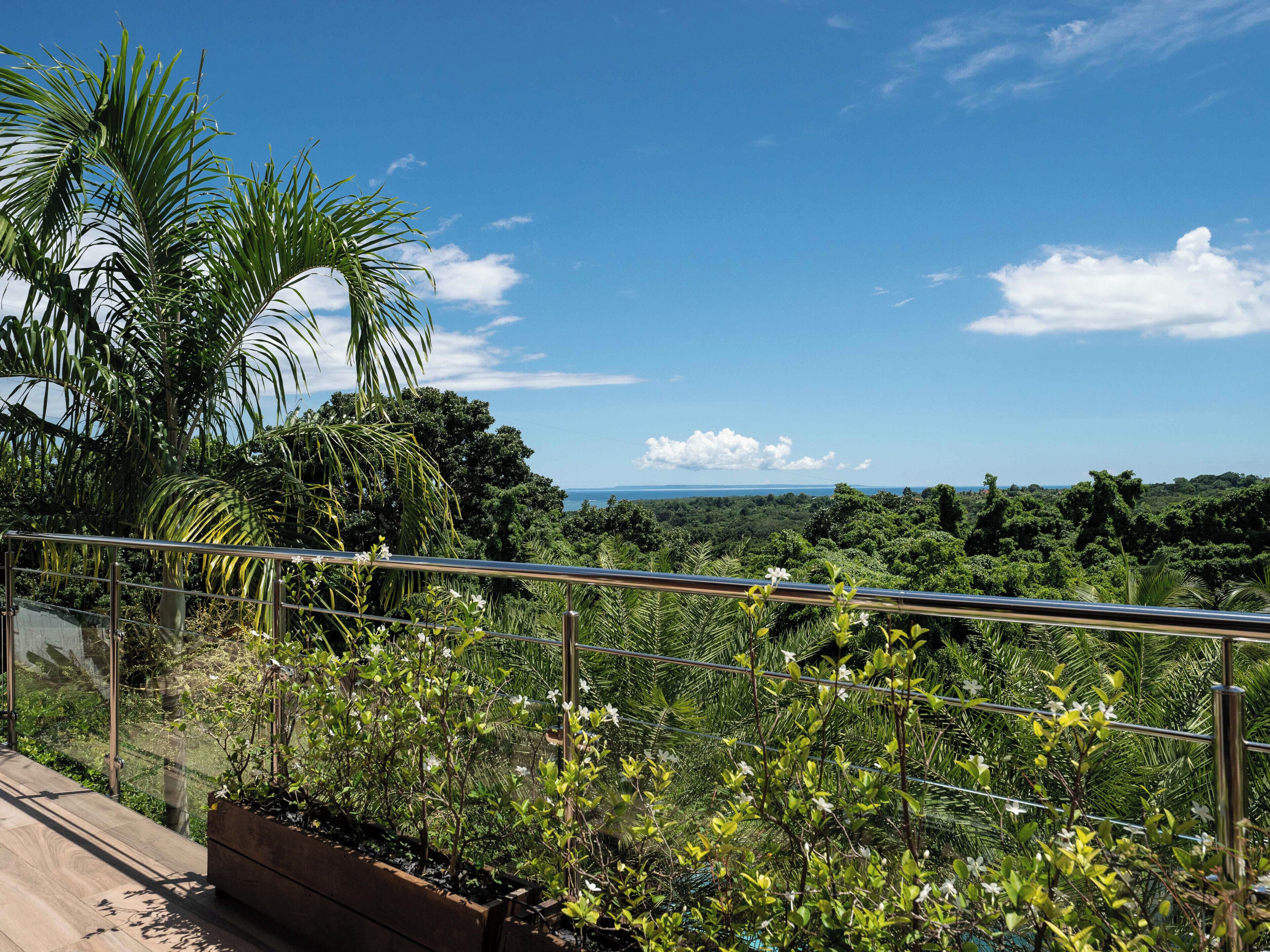 Un balcon offrant une vue sur un paysage luxuriant et la mer.