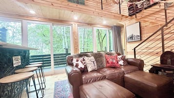 Smart TV, chimenea, libros y biblioteca musical