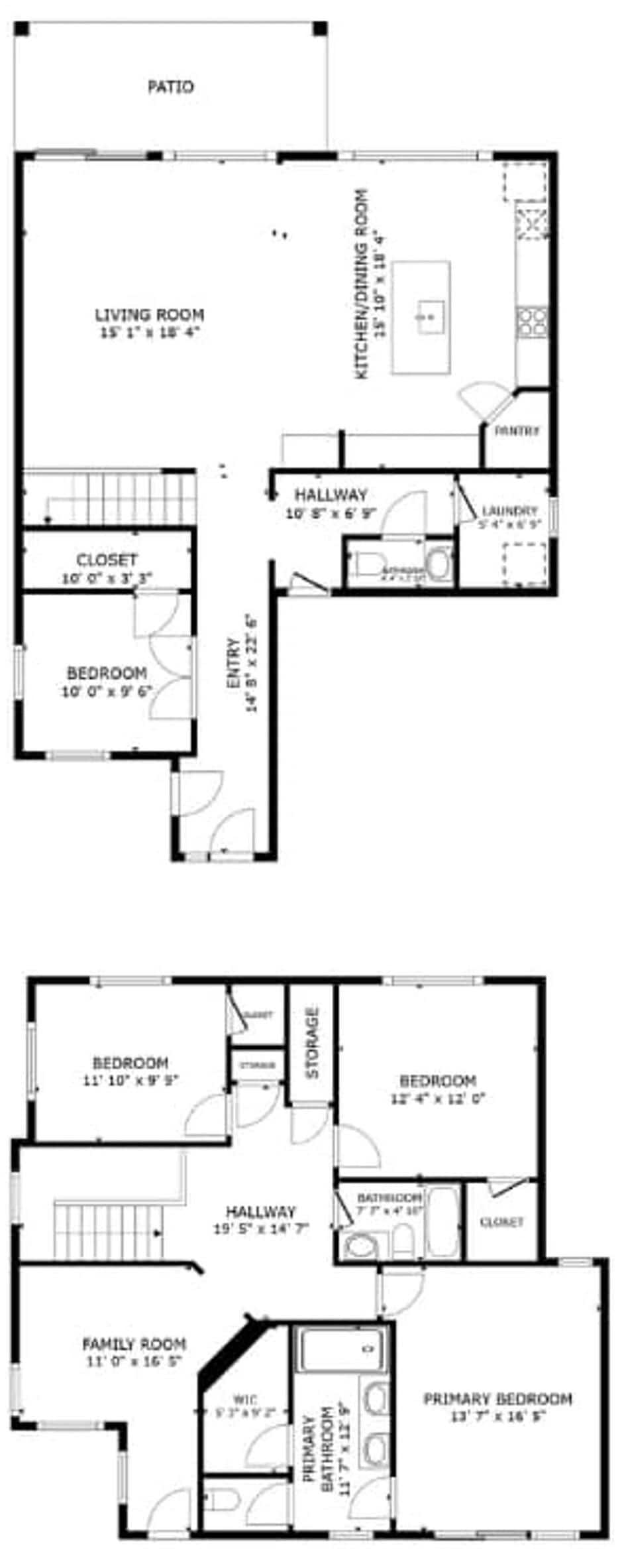 A floor plan with a living room, kitchen, dining room, patio, closet, bedroom, bathroom, and family room.