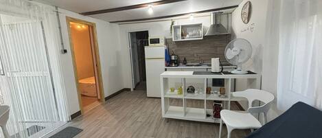 A compact living space with a kitchenette, a dining area, and a sofa.