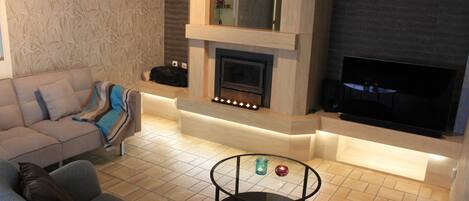 Smart TV, fireplace, books, music library