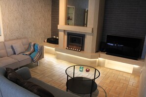 Smart-TV, Kamin, Bücher, Musikbibliothek