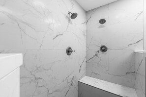 Jetted bath, hair dryer, towels, soap