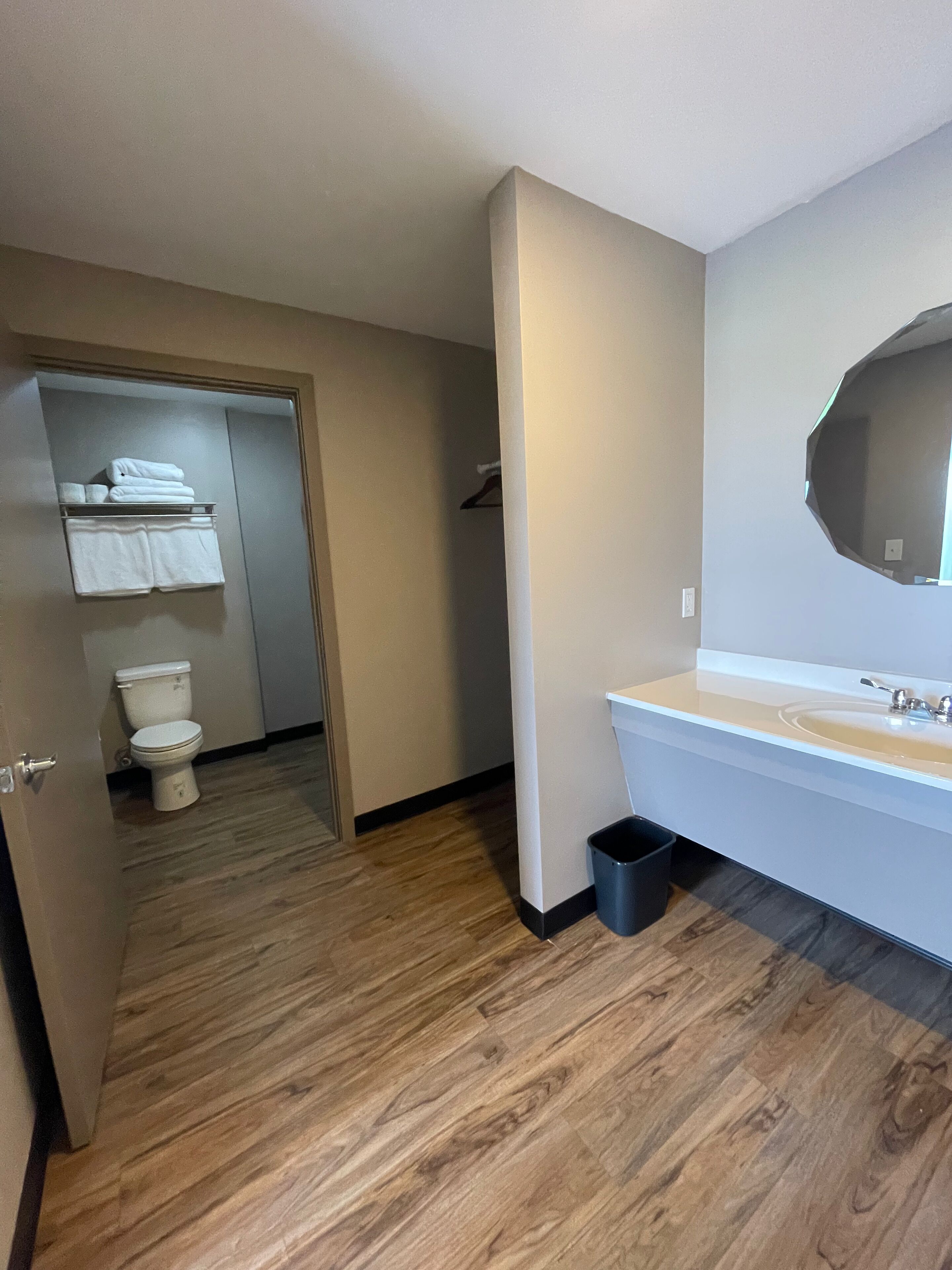 Une salle de bain avec un plancher en bois, un lavabo blanc, un miroir et des toilettes.