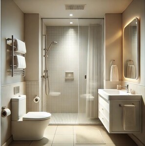 Combined shower/tub, free toiletries, towels, soap