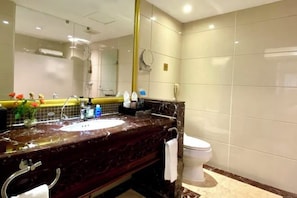 Un bagno moderno con un lavabo in marmo, uno specchio grande e un WC.