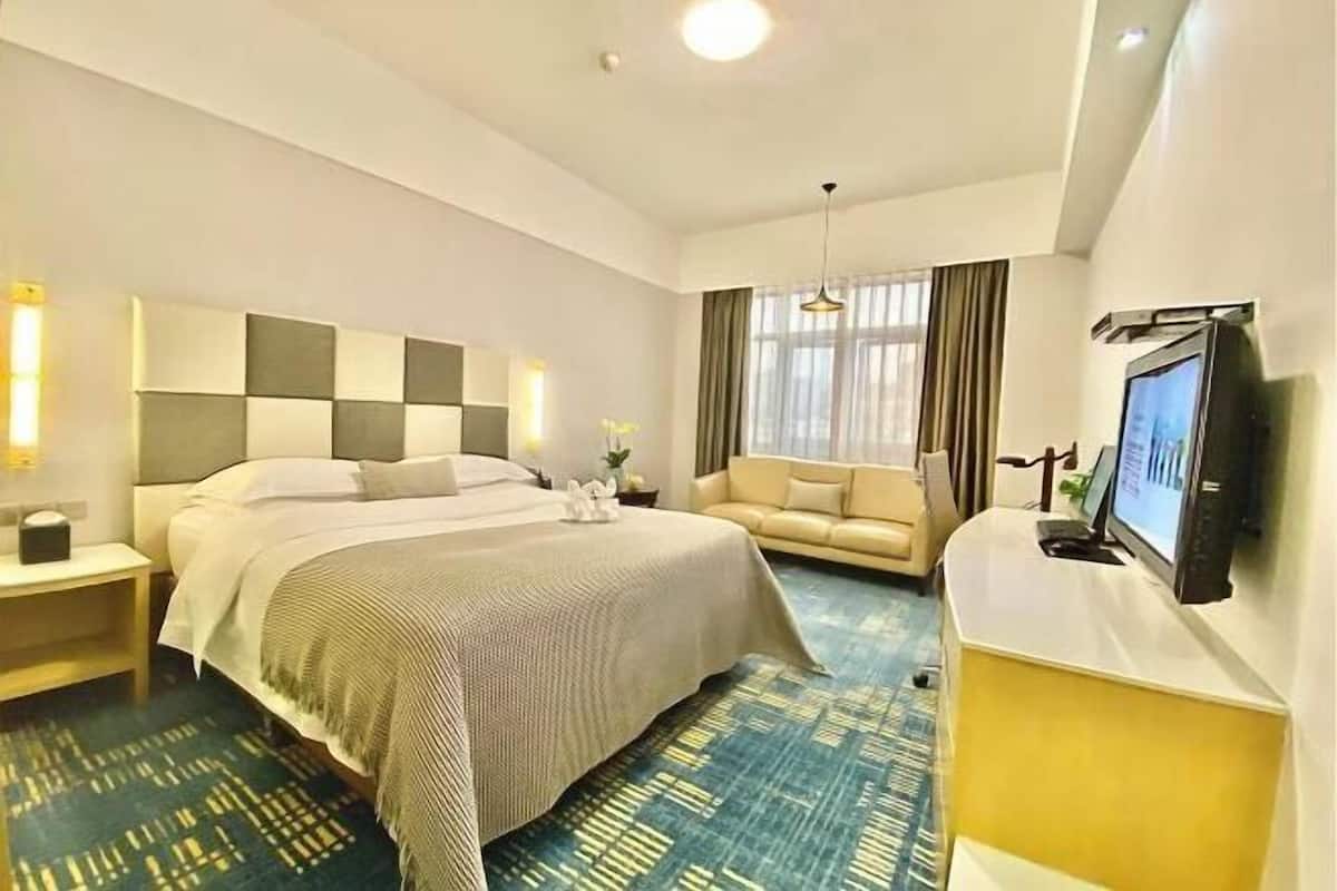 Une chambre d’hôtel avec un lit, un canapé, une télévision et un bureau.