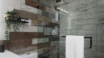 Shower, hair dryer, towels, shampoo