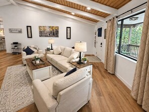 Smart TV, fireplace, books