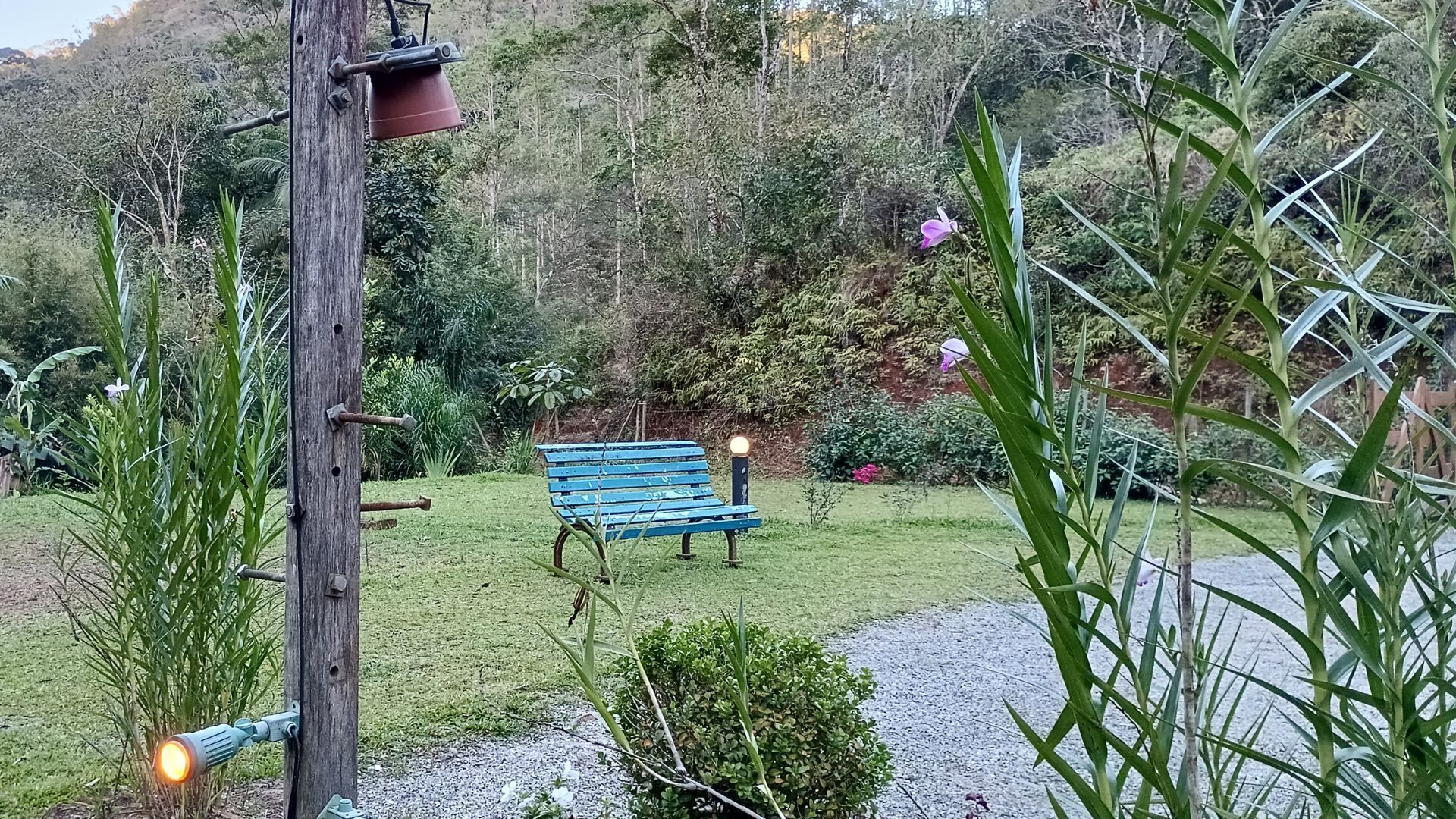 Un banc blau en un jardí amb un camí de grava, envoltat de vegetació i un post de fusta amb un lluminari.