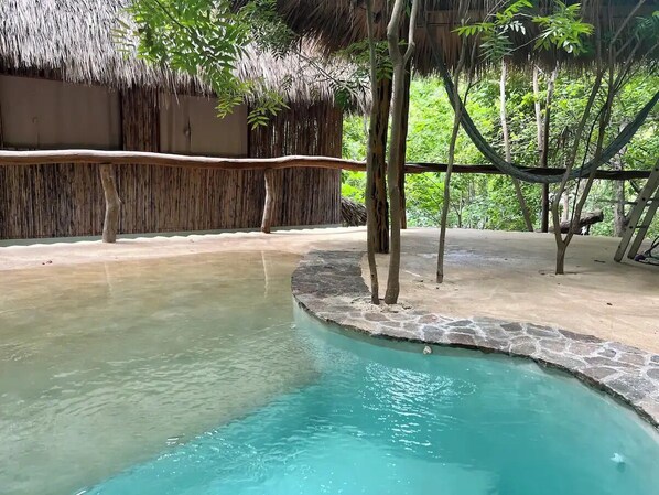 A pool with a stone edge, surrounded by a concrete deck and a thatched-roof structure.