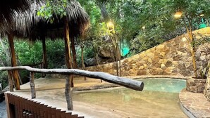 Un área de piscina con un muro de piedra y una estructura de techo de paja.
