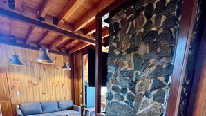 Une pièce chaleureuse avec une cheminée en pierre, des poutres apparentes en bois au plafond et un canapé bleu.