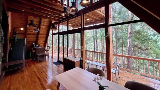 L’intérieur de la cabane est doté de planchers en bois, d’un coin repas et de grandes fenêtres qui offrent une vue sur la forêt.
