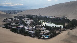 A desert resort with a central pool, surrounded by buildings and palm trees. - La casa de Bamboo (Ica)