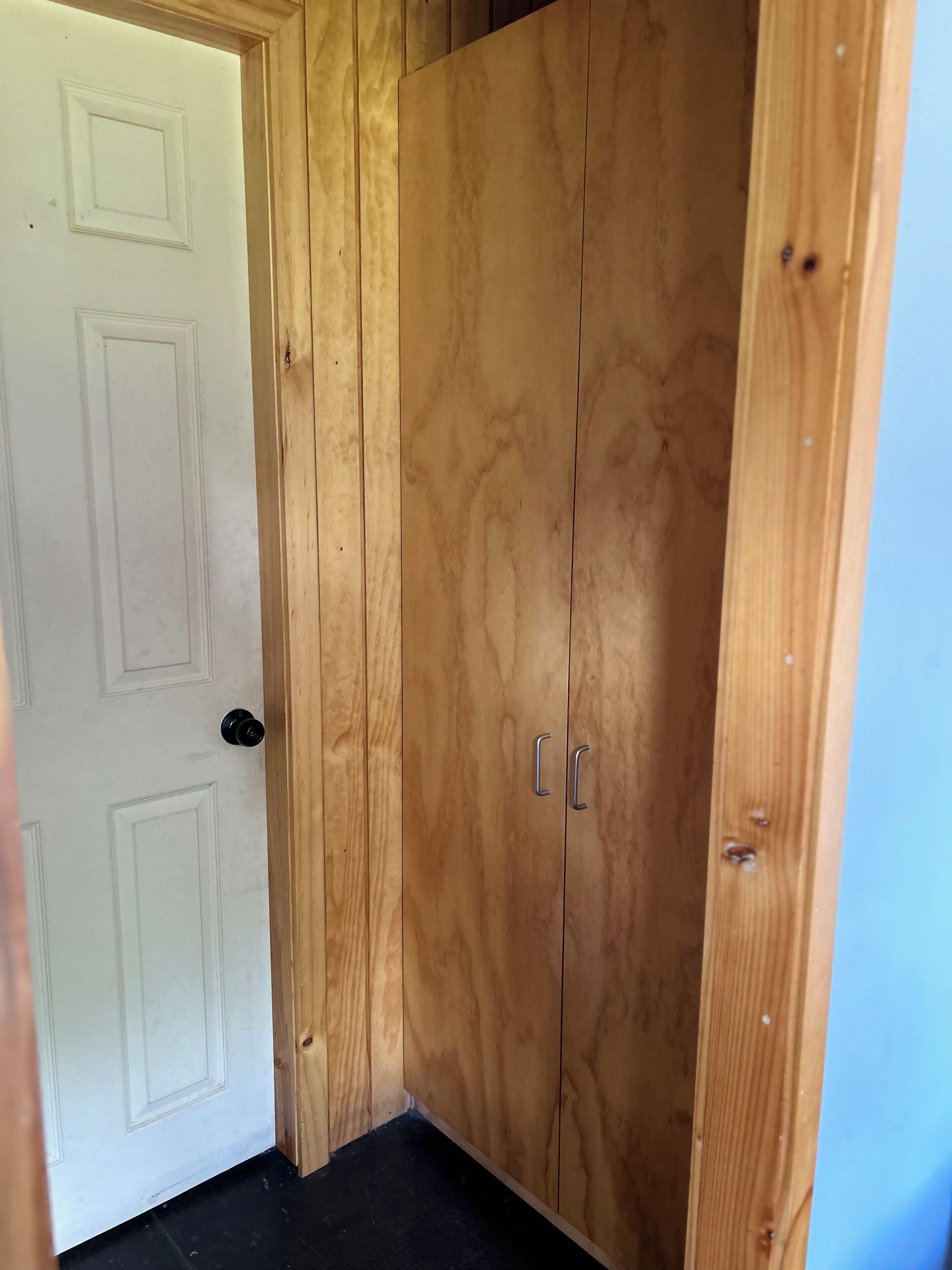 Un armario de madera con dos puertas y un tirador, junto a una puerta blanca con un picaporte negro.