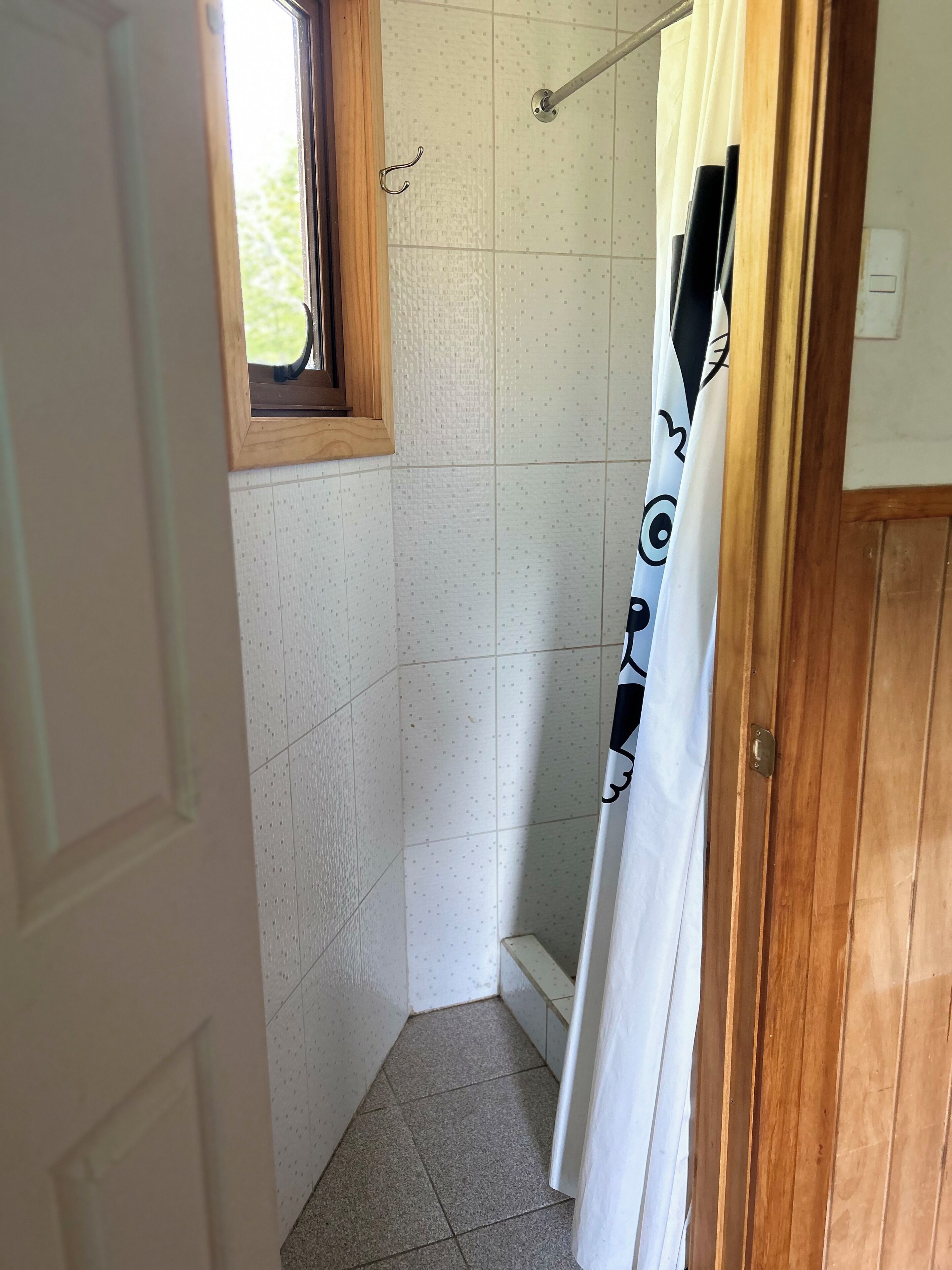 A small, tiled bathroom with a shower, a window, and a wooden door.