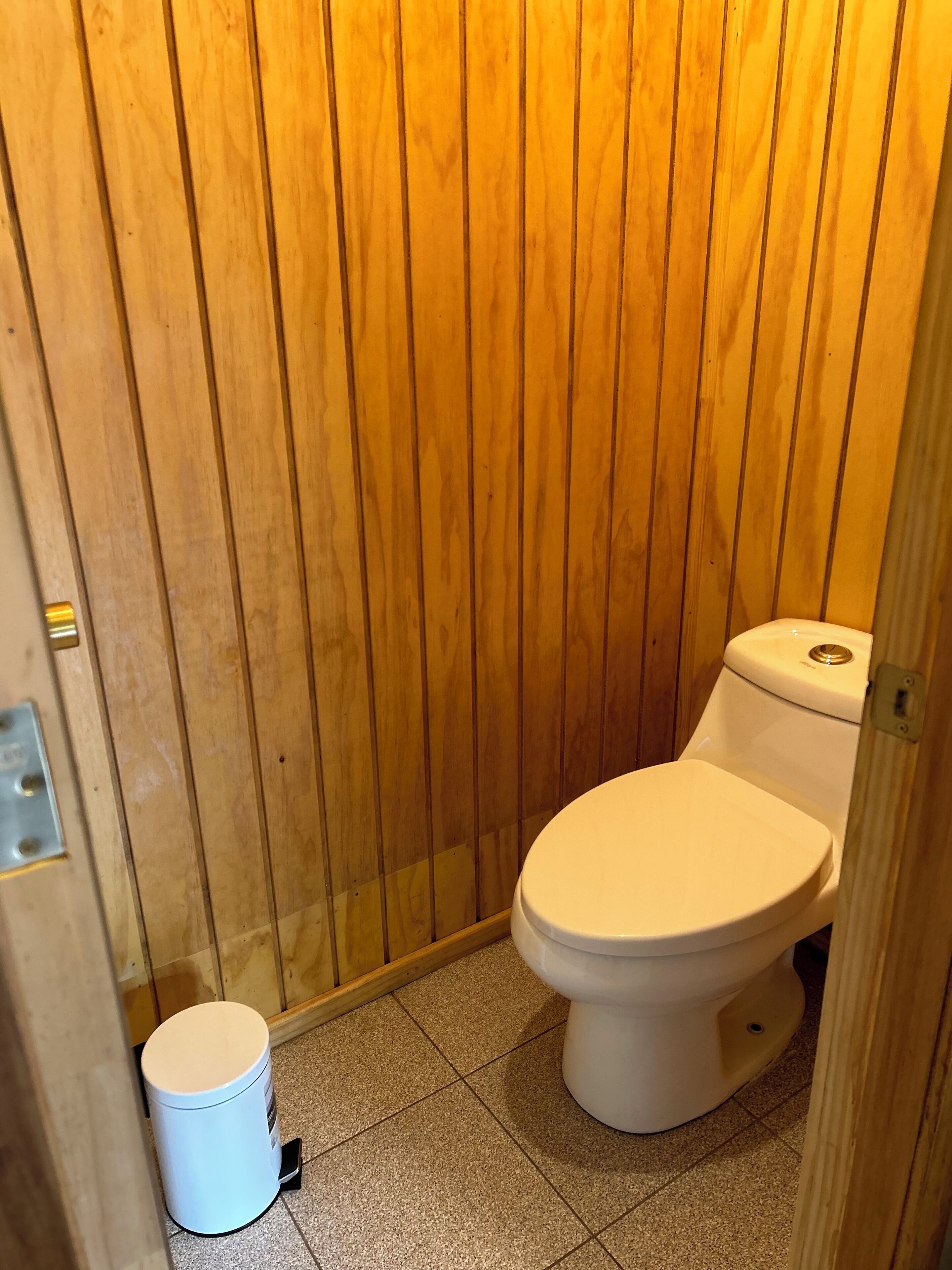 Ein kleines Badezimmer mit Holzvertäfelung, einer weißen Toilette und einem Mülleimer.