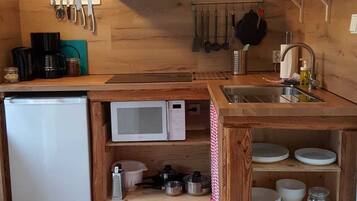 Fridge, microwave, stovetop, coffee/tea maker