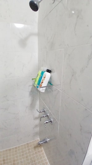 Douche, sĂšche-cheveux, serviettes fournies, savon