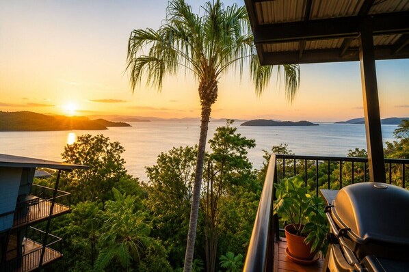 Un balcón con una parrilla, abundante vegetación y vista al mar al atardecer.