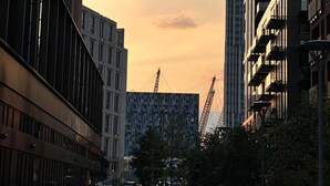 A cityscape with modern buildings, construction cranes, and trees. - Cosy Thameside Retreat in North Greenwich (London)