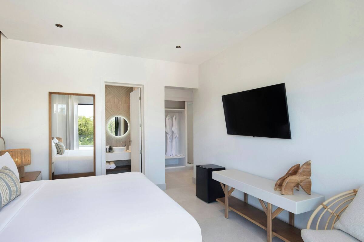 A modern hotel room with a large bed, a bedside table, a flat-screen TV mounted on the wall, a walk-in closet, and a bathroom with a mirror and sink.