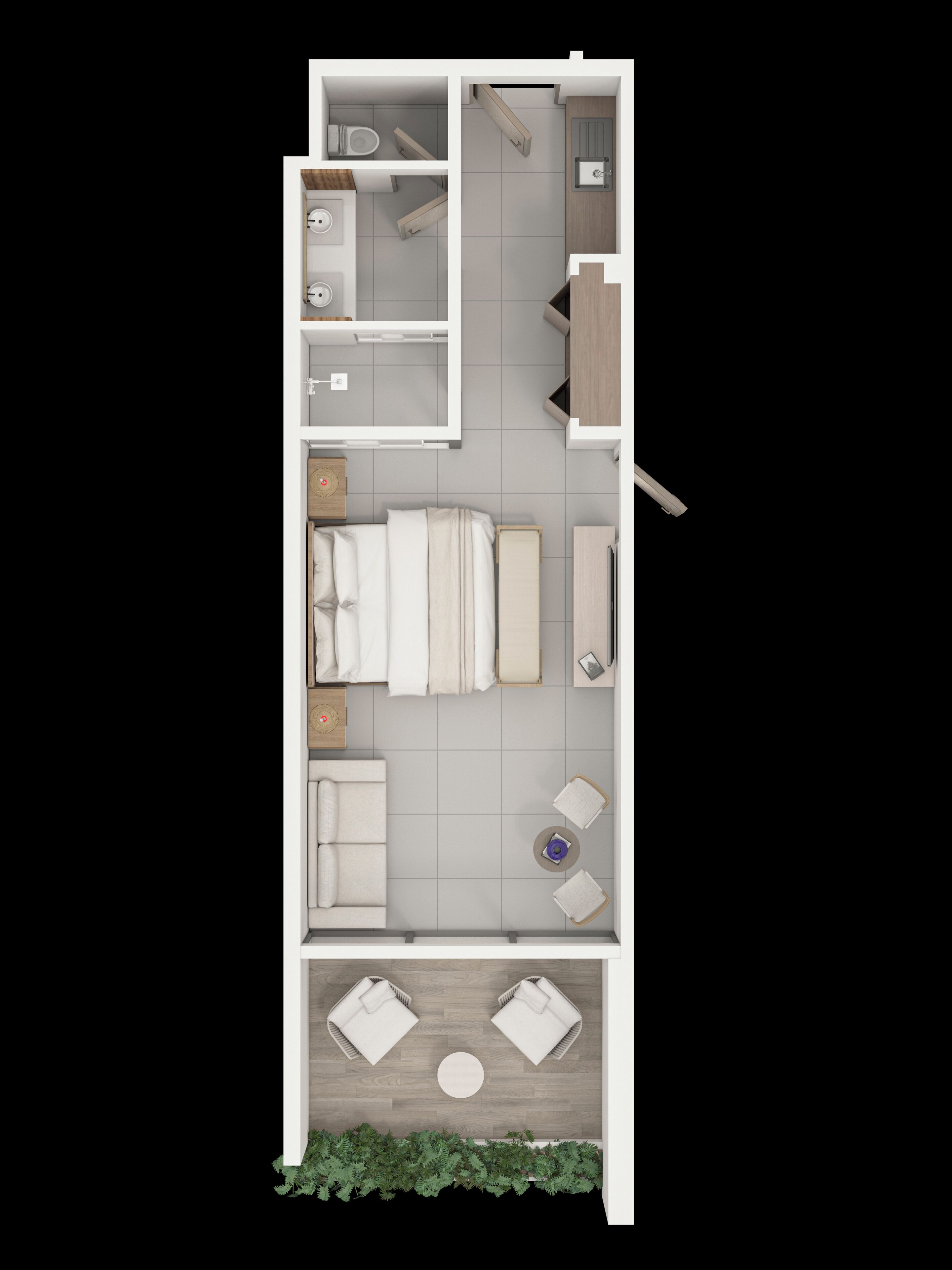 A 2-bedroom apartment layout with a bathroom, kitchenette, and a small balcony.