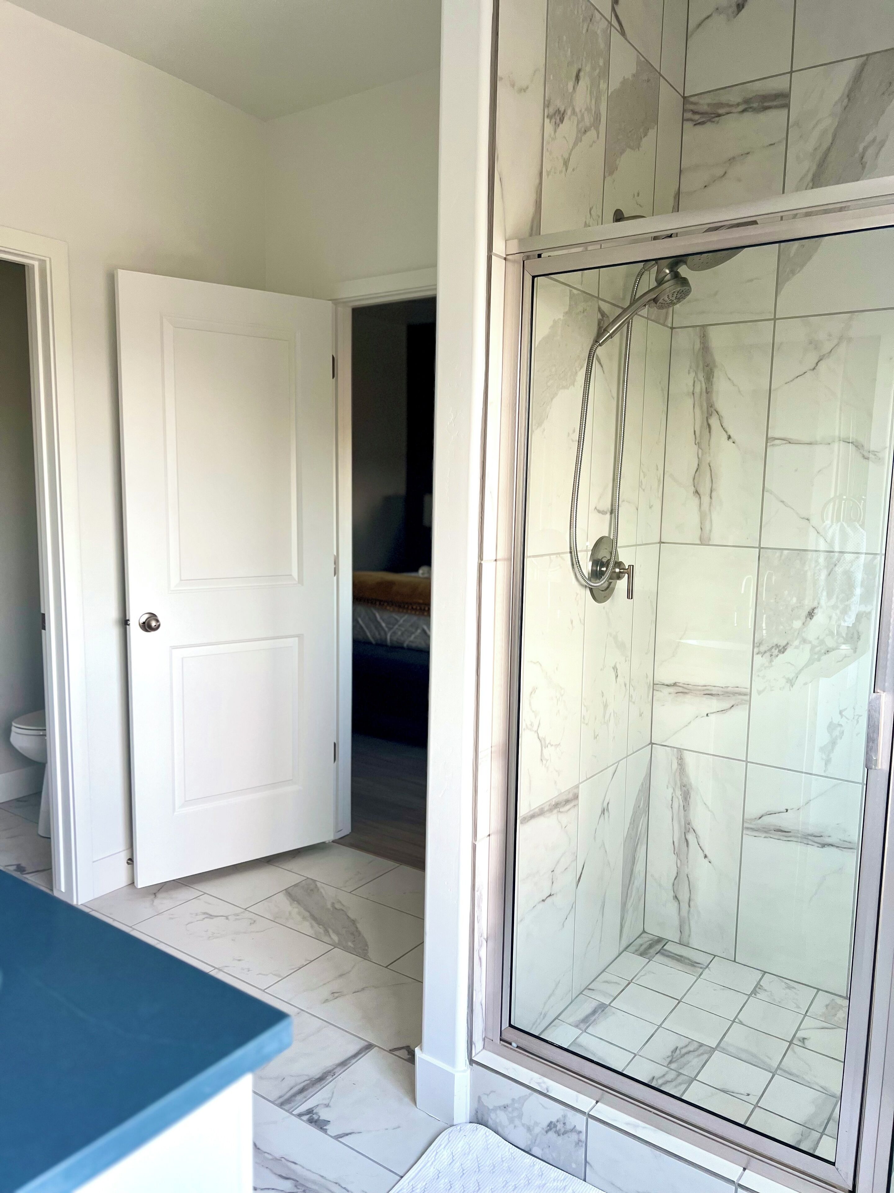 Un bagno con doccia e WC, e un letto nella stanza adiacente.