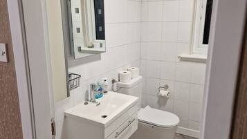 Shower, towels, soap, toilet paper