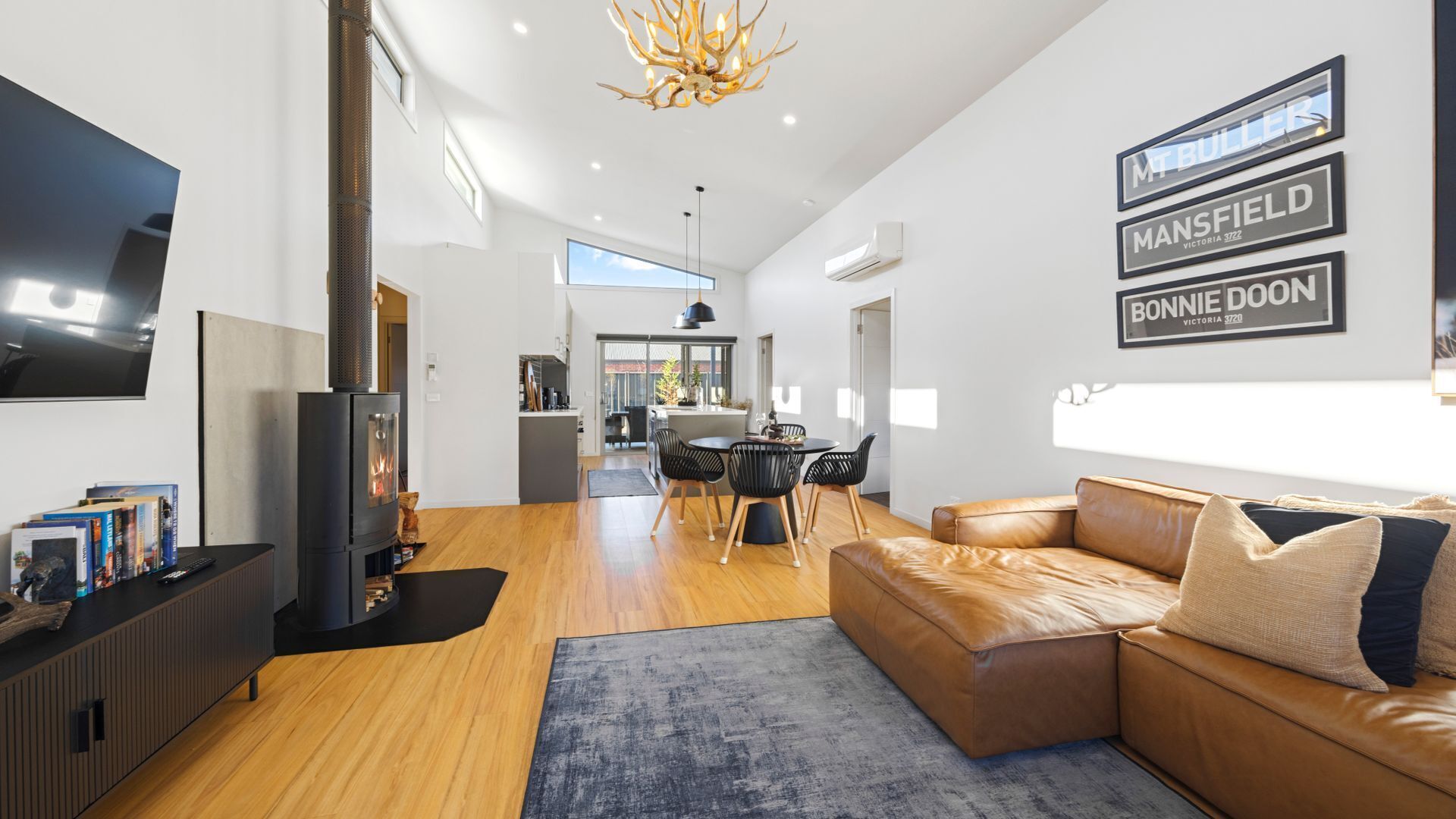 Smart TV, fireplace, books