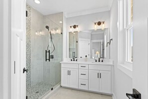 Eco-friendly toiletries, hair dryer, towels