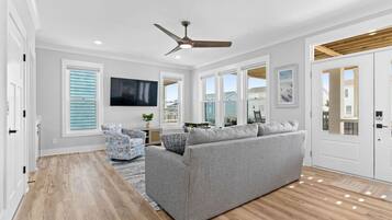 Smart TV, fireplace, video games, foosball