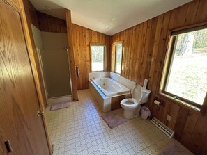Shower, jetted bath, hair dryer, towels - Blakley Hobbit Charming 2-bedroom country house with AC, WiFi in soothing Viola (Viola)