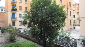 Un pati arbrat amb un edifici que té balcons i finestres.