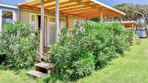 A single-story house with a covered porch, surrounded by lush greenery and a small garden.